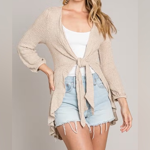 Sweaters - Bracelet Sleeve Length Tie Front Peplum Cardigan in Oatmeal